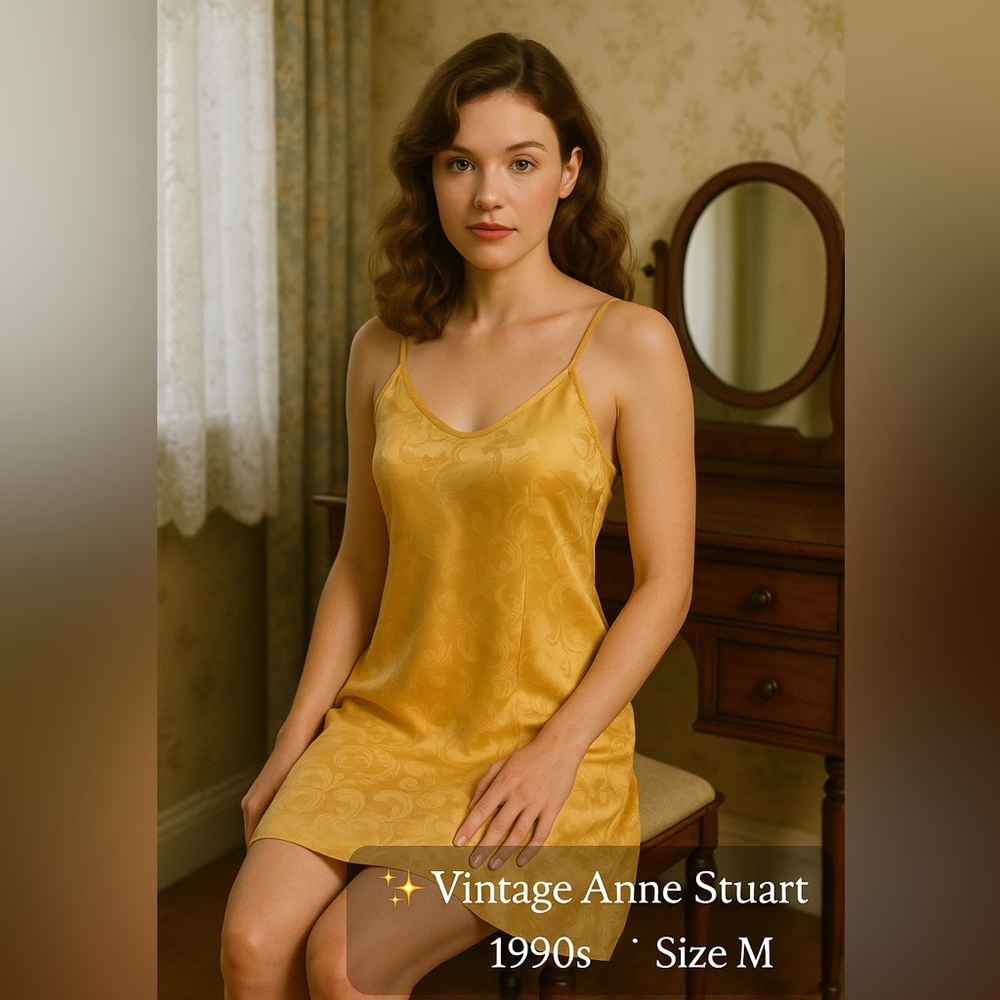 Vintage Anne Stuart Gold Jacquard Satin Slip Dress M